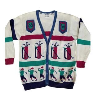 Vintage JeanBell Hand Loomed Knit Cardigan Golf Theme Small Medium